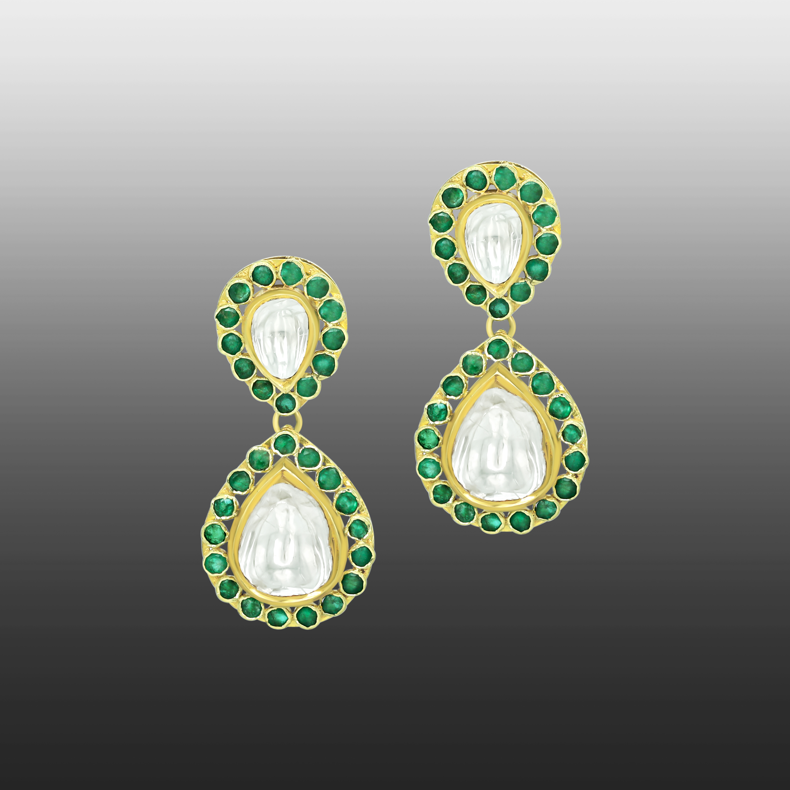 Polki Teardrop Earrings with Emerald Colour Full-Cut Stones